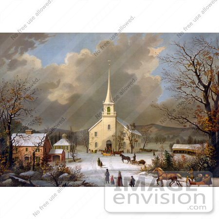 #35668 Stock Illustration of Horse Drawn Sleds And Sleighs And Pedestrians On A Street In The Center Of A Village On Sunday Morning by JVPD