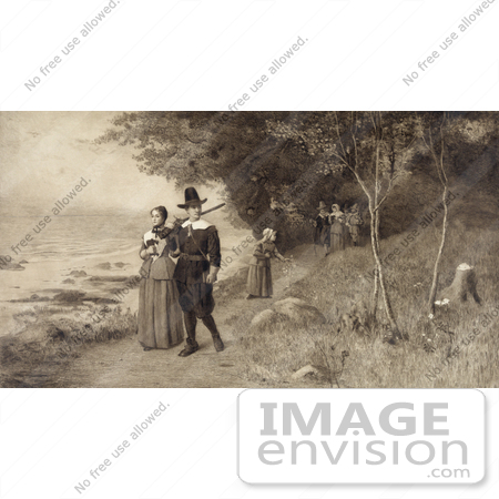 #35679 Stock Illustration Of A Man With A Rifle, Leading A Woman, Children And Other Pilgrims Along A Coastal Path by JVPD