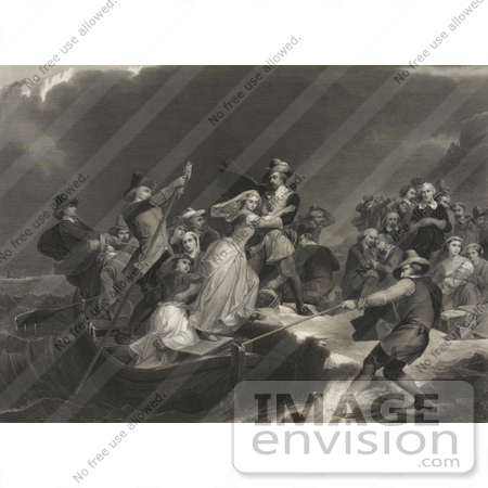 #35680 Stock Illustration Of The Landing Of The Pilgrims At Plymouth Rock, Men Assisting Women Ashore by JVPD