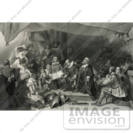 #35681 Stock Illustration Of Pilgrims, Men, Women, And Children, On The Mayflower Ship On Their Way To America by JVPD