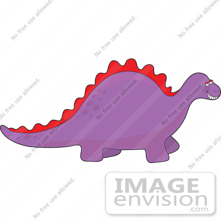 #35682 Clip Art Graphic of a Grinning Red and Purple Dinosaur Walking Along by Maria Bell