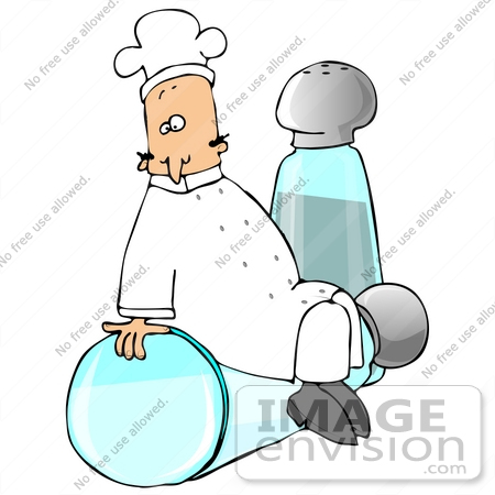 #35688 Clip Art Graphic of a Male Caucasian Chef In A White Uniform And Hat, Sitting On A Tipped Salt Shaker by DJArt