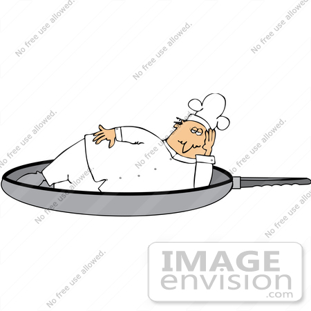 #35689 Clip Art Graphic of a Male Caucasian Chef In A White Uniform, Relaxing In A Giant Frying Pan by DJArt
