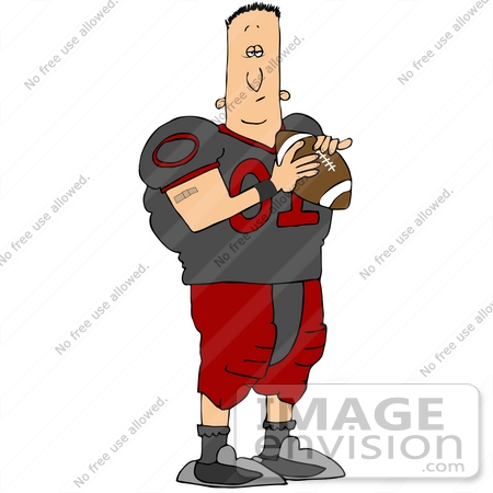 #35691 Clip Art Graphic of a Male Caucasian American Football Athlete In Uniform, Holding The Ball by DJArt