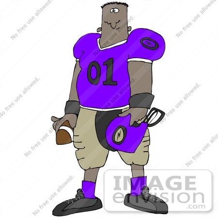 #35692 Clip Art Graphic of a Male African American Football Athlete In Uniform, Holding The Ball by DJArt