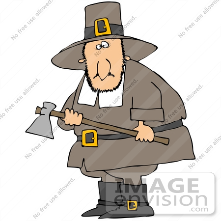 #35693 Clip Art Graphic of a Male Caucasian Pilgrim Preparing To Kill A Turkey With An Ax by DJArt