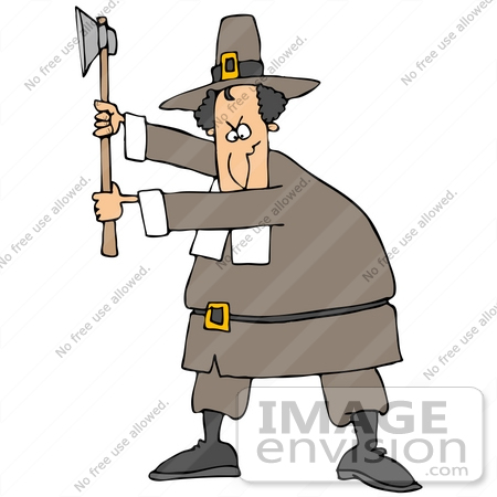 #35694 Clip Art Graphic of a Male Caucasian Pilgrim Preparing To Kill A Turkey With An Ax That He’s Holding Above His Head by DJArt