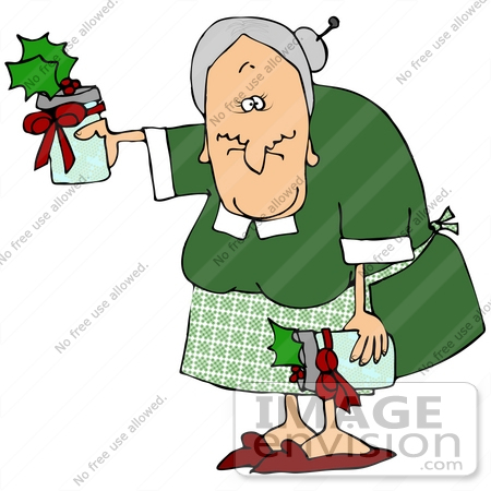 #35695 Clip Art Graphic of a Grandmother With Gray Hair, Wearing Green And Handing Out Jam For Christmas Gifts by DJArt