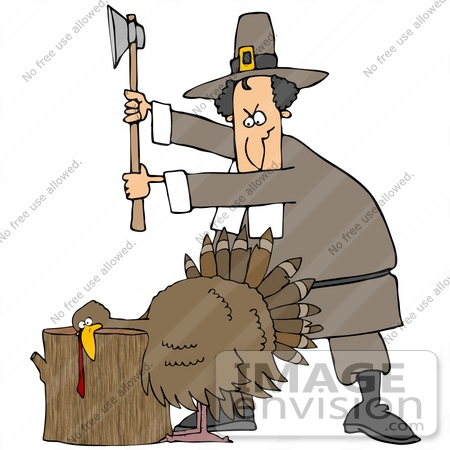 #35698 Clip Art Graphic of a Pilgrim Man Standing Over A Turkey With His Head On A Stump, About To Cut His Head Off by DJArt