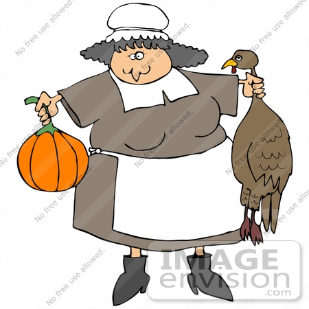 #35699 Clip Art Graphic of a Pilgrim Woman Cooking Thanksgiving Dinner, Holding A Turkey Bird And A Pumpkin by DJArt