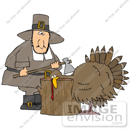 #35700 Clip Art Graphic of a Pilgrim Man Standing By A Turkey With His Head Propped On A Stump, Holding An Ax by DJArt