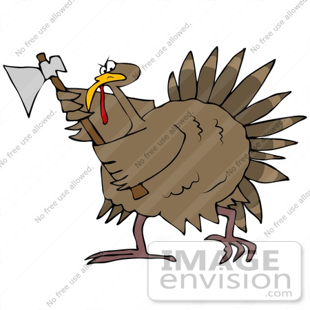 #35704 Clip Art Graphic of a Turkey Bird Running With An Ax, Defending Himself From Becoming Thanksgiving Dinner by DJArt