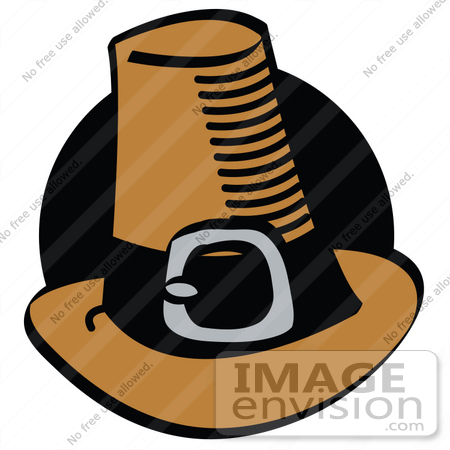 #35708 Clip Art Graphic of a Brown Pilgrim Hat With A Black Band And Silver Buckle In Front Of A Black Circle by Andy Nortnik