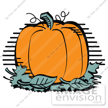 #35710 Clip Art Graphic of a Big Orange Pumpkin With A Stem And Tendrils, Surrounded By Fallen Autumn Leaves by Andy Nortnik