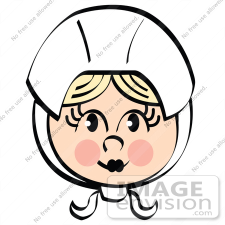 #35717 Clip Art Graphic of a Pretty Blond Pilgrim Girl With Pink Cheeks, Wearing A Bonnet by Andy Nortnik