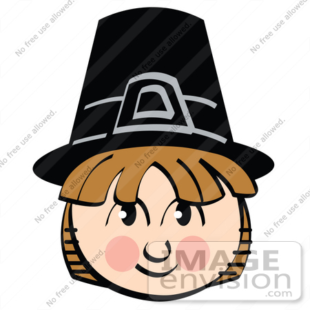 #35718 Clip Art Graphic of a Friendly Brown Haired Pilgrim Boy Smiling And Wearing A Black Hat by Andy Nortnik