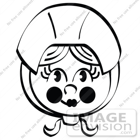 #35719 Clip Art Graphic of a Young Pilgrim Girl Wearing A Bonnet On Her Head, Black And White by Andy Nortnik