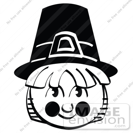 #35721 Clip Art Graphic of a Friendly Pilgrim Boy Smiling And Wearing A Hat, Black And White by Andy Nortnik