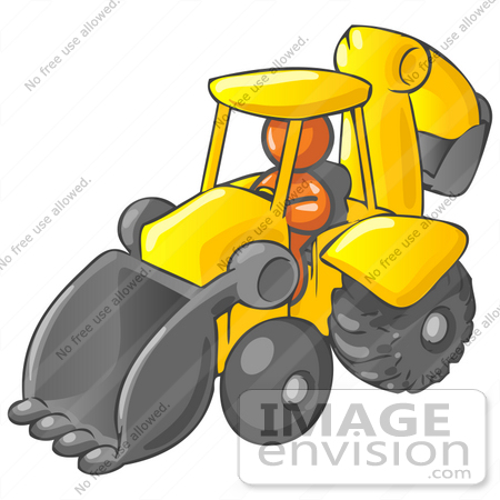 #35734 Clip Art Graphic of an Orange Guy Character Driving A Yellow Backhoe by Jester Arts