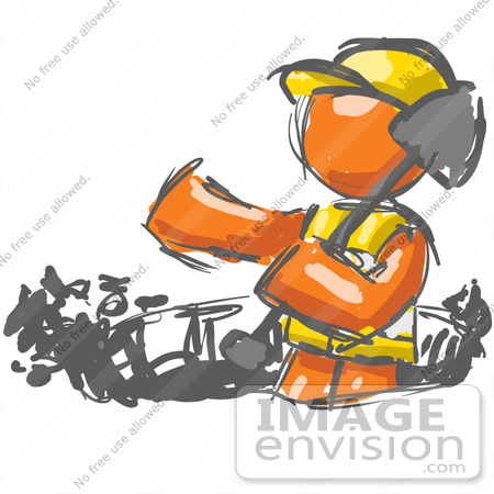 #35737 Clip Art Graphic of a Painted Orange Guy Character Digging With A Shovel While Doing Road Work by Jester Arts