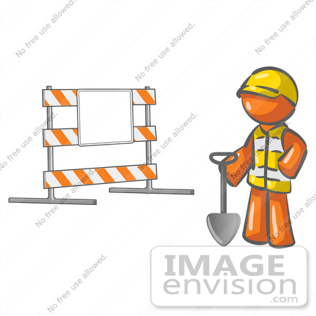 #35739 Clip Art Graphic of an Orange Guy Character With A Shovel Near A Road Block by Jester Arts