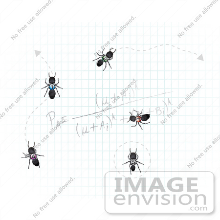 #35748 Clip Art Graphic of Invading Sugar Ants Crawling Along A Calculation On Graph Paper by Jester Arts