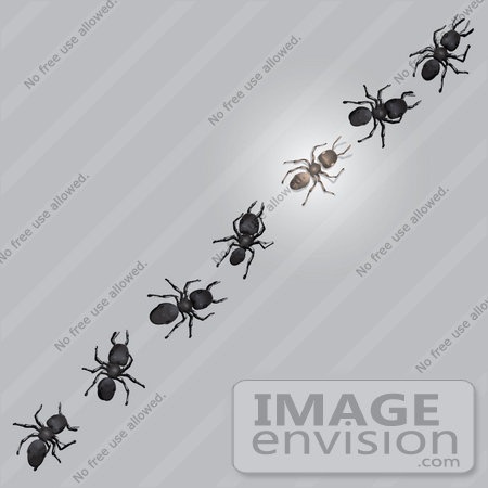 #35755 Clip Art Graphic of Seven Sugar Ants, One Glowing, In A Line, Invading A Kitchen by Jester Arts