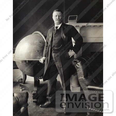 #35764 Stock Photo Of Theodore Roosevelt Standing By A Large Globe In Front Of A Fireplace, With Sepia Toning by JVPD