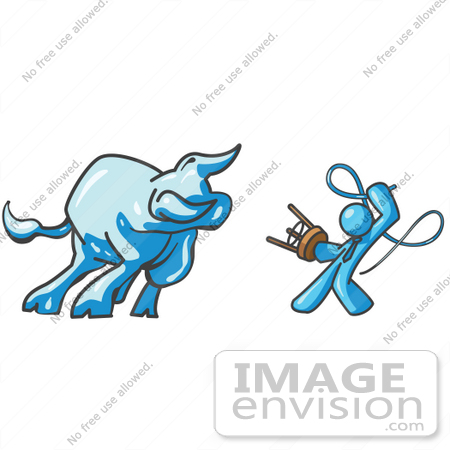 #35766 Clip Art Graphic of a Sky Blue Guy Character Battling a Bull With a Whip by Jester Arts