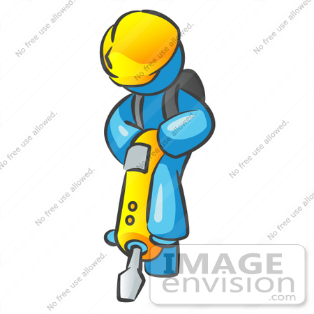 #35767 Clip Art Graphic of a Sky Blue Guy Character Operating a Yellow Jackhammer by Jester Arts