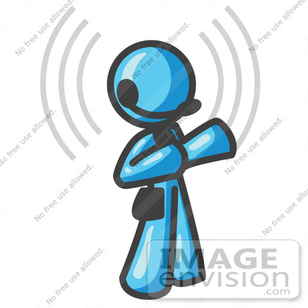 #35770 Clip Art Graphic of a Sky Blue Guy Character Speaking on a Headset With Waves by Jester Arts