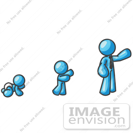 #35773 Clip Art Graphic of a Sky Blue Guy Character Growing From a Baby to a Man by Jester Arts