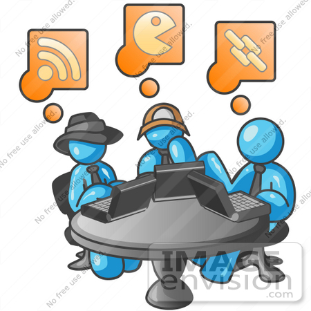 #35776 Clip Art Graphic of Sky Blue Guy Characters Working on Laptops at a Table by Jester Arts