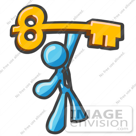 #35779 Clip Art Graphic of a Sky Blue Guy Character Holding up a Skeleton Key by Jester Arts