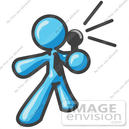 #35781 Clip Art Graphic of a Sky Blue Guy Character Speaking Through a Microphone by Jester Arts