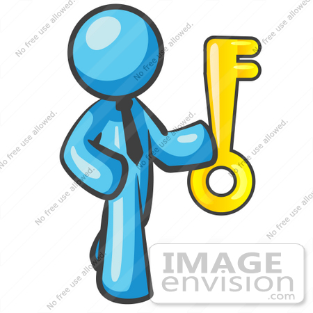#35783 Clip Art Graphic of a Sky Blue Guy Character Standing With a Key by Jester Arts