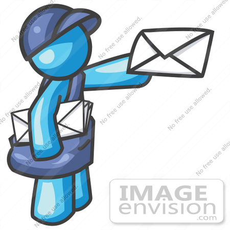 #35784 Clip Art Graphic of a Sky Blue Guy Character Delivering Mail by Jester Arts