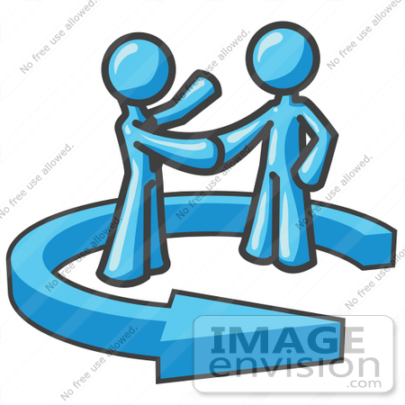 #35785 Clip Art Graphic of Sky Blue Guy Characters Shaking Hands in an Arrow by Jester Arts