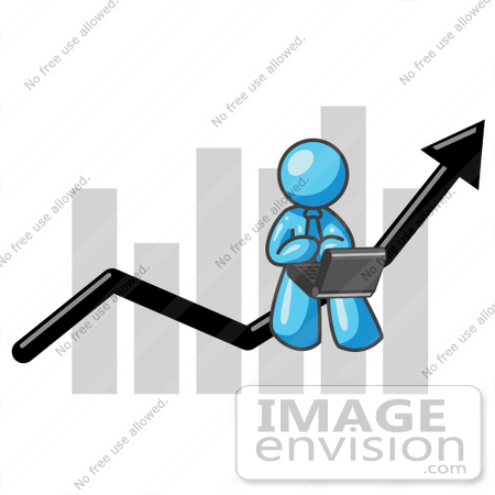 #35787 Clip Art Graphic of a Sky Blue Guy Character on a Bar Graph, Using a Notebook Computer by Jester Arts