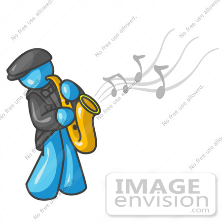 #35788 Clip Art Graphic of a Sky Blue Guy Character Playing Jazz With a Saxophone by Jester Arts