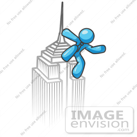 #35793 Clip Art Graphic of a Sky Blue Guy Character on Top of a Skyscraper by Jester Arts