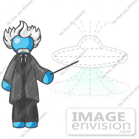 #35796 Clip Art Graphic of a Sky Blue Guy Character as Einstein Pointing to a UFO by Jester Arts