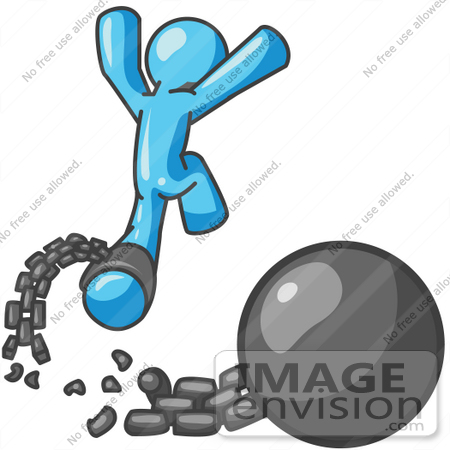 #35797 Clip Art Graphic of a Sky Blue Guy Character Breaking Free From a Chain and Ball by Jester Arts