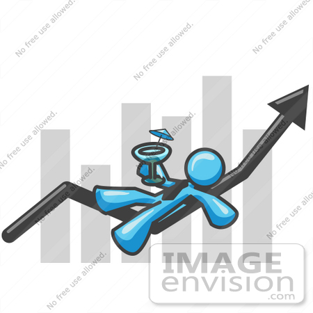 #35799 Clip Art Graphic of a Sky Blue Guy Character Drinking a Martini on a Bar Graph by Jester Arts