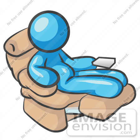 #35805 Clip Art Graphic of a Sky Blue Guy Character Relaxing in a Recliner Chair by Jester Arts