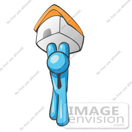 #35807 Clip Art Graphic of a Sky Blue Guy Character Holding up a House by Jester Arts