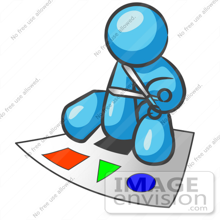 #35813 Clip Art Graphic of a Sky Blue Guy Character Cutting Out Shapes by Jester Arts