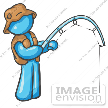 #35816 Clip Art Graphic of a Sky Blue Guy Character Fishing by Jester Arts