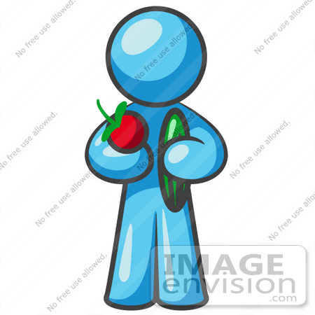 #35817 Clip Art Graphic of a Sky Blue Guy Character Holding Veggies by Jester Arts