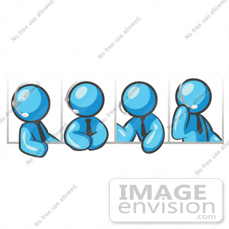 #35818 Clip Art Graphic of a Sky Blue Guy Character in Four Poses, Talking on a Headset by Jester Arts
